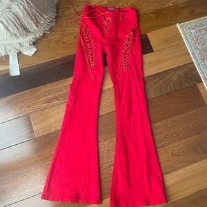 Edikted Lace Up Red Flare Jeans